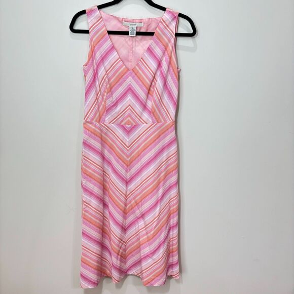 Vintage Merona Pink Striped Cotton Dress 6 Chevron V-neck Hippie Y2K 90s Twee - Picture 1 of 9